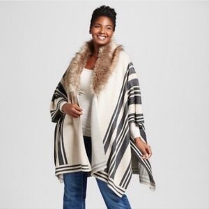 Merona Striped Faux Fur Trim Poncho Size S/M
